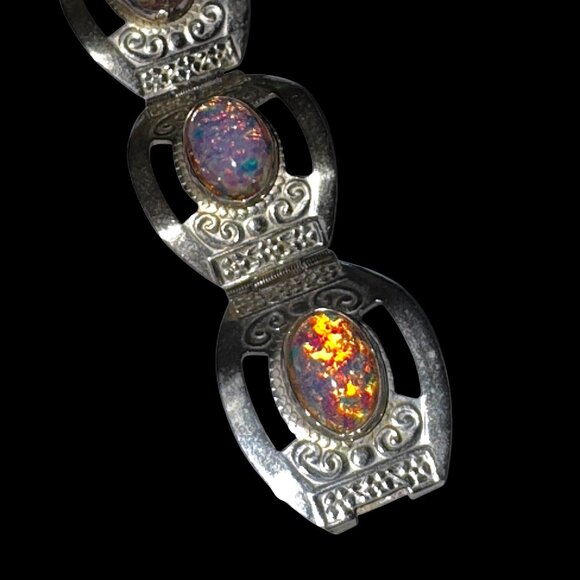 Vintage 1970s Silver 925 Panel Bracelet Faux Opal Beads Cabochons Mexico - Picture 6 of 14